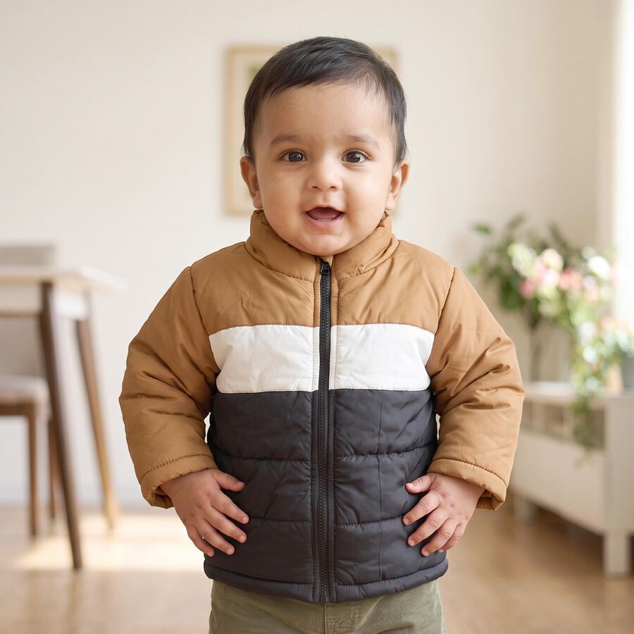 Infants Beige Stand Collar Puffer Jacket, गहरा पीला, large