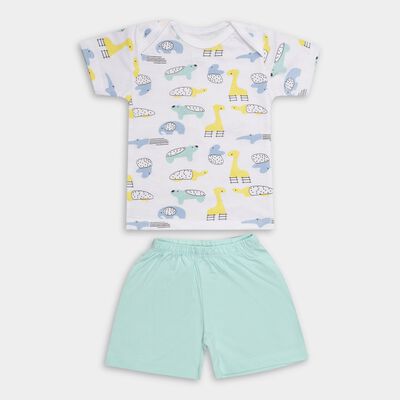 Infant Boys' Aqua Cotton Round Neck Animal Print Baba Suit