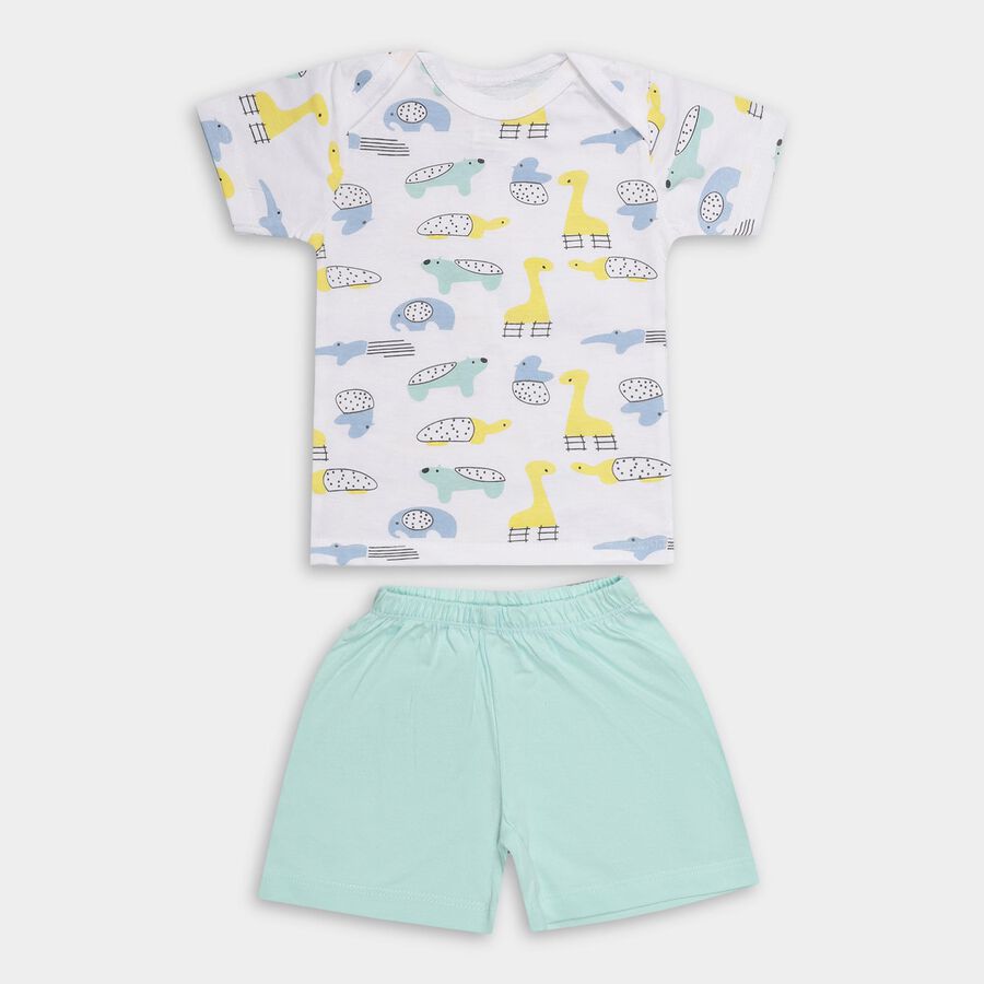 Infant Boys' Aqua Cotton Round Neck Animal Print Baba Suit, एक्वा, large image number null