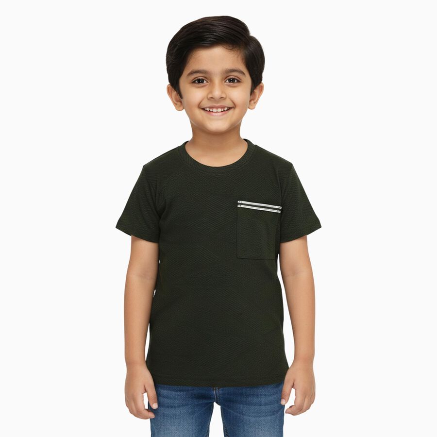 Boys Dark Olive Green Crew Neck Casual Half Sleeve T-Shirt, Olive, large