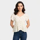 Women's Cream Geometric V Neck Regular Fit Shirt, ऑफ व्हाइट, small