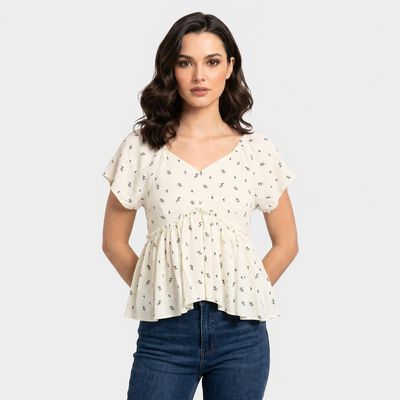 Women's Cream Geometric V Neck Regular Fit Shirt