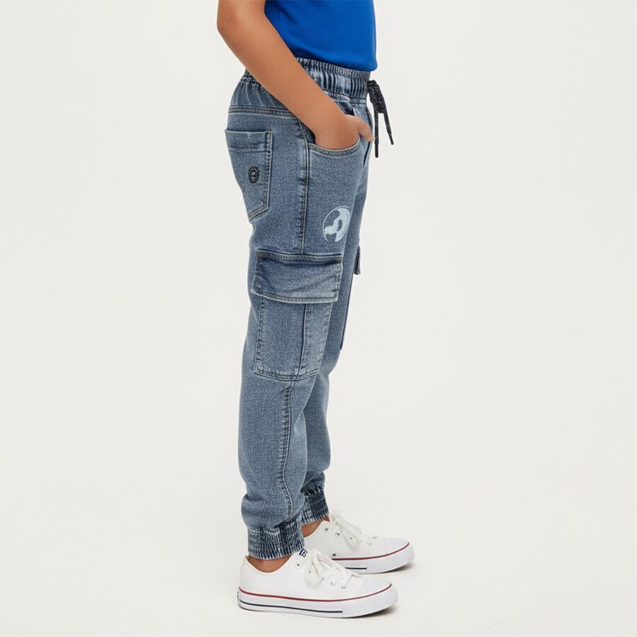 Boys' Stonewashed Blue Cargo Fit Jogger Jeans, हल्का नीला, large image number null