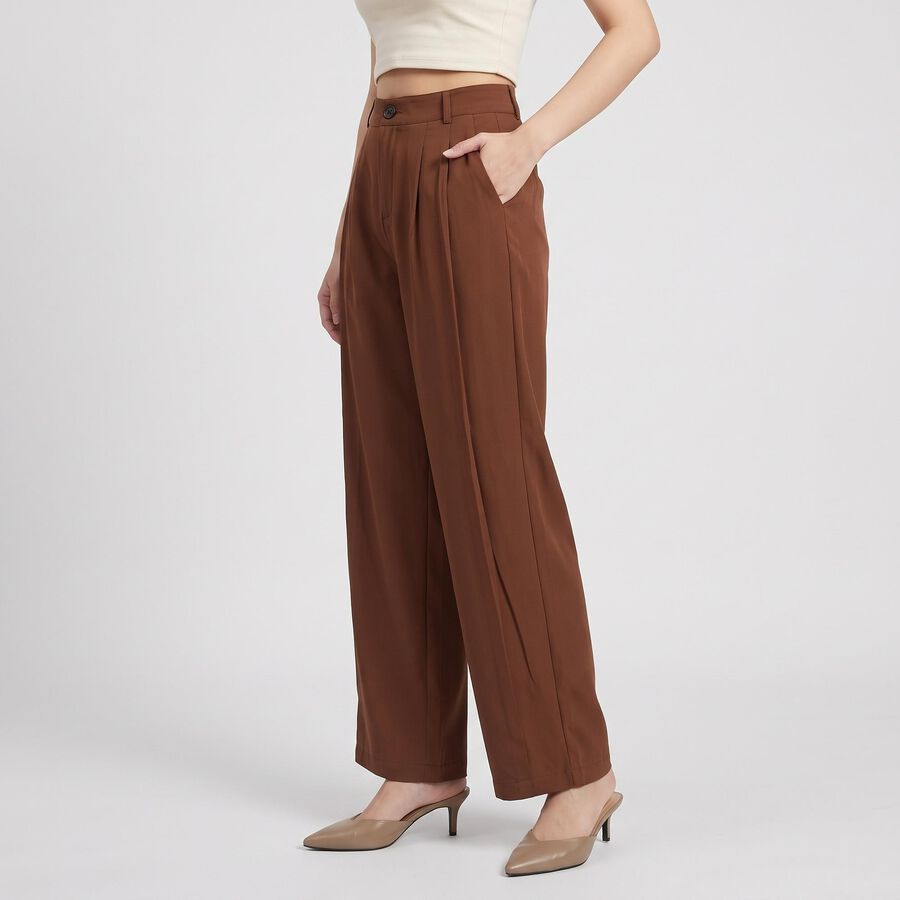 Women Brown Wide Leg Pleated Trousers, Brown, large