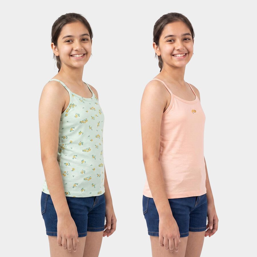 Girls' Mint Green Cotton Round Neck Sleeveless Vest, हल्का हरा, large
