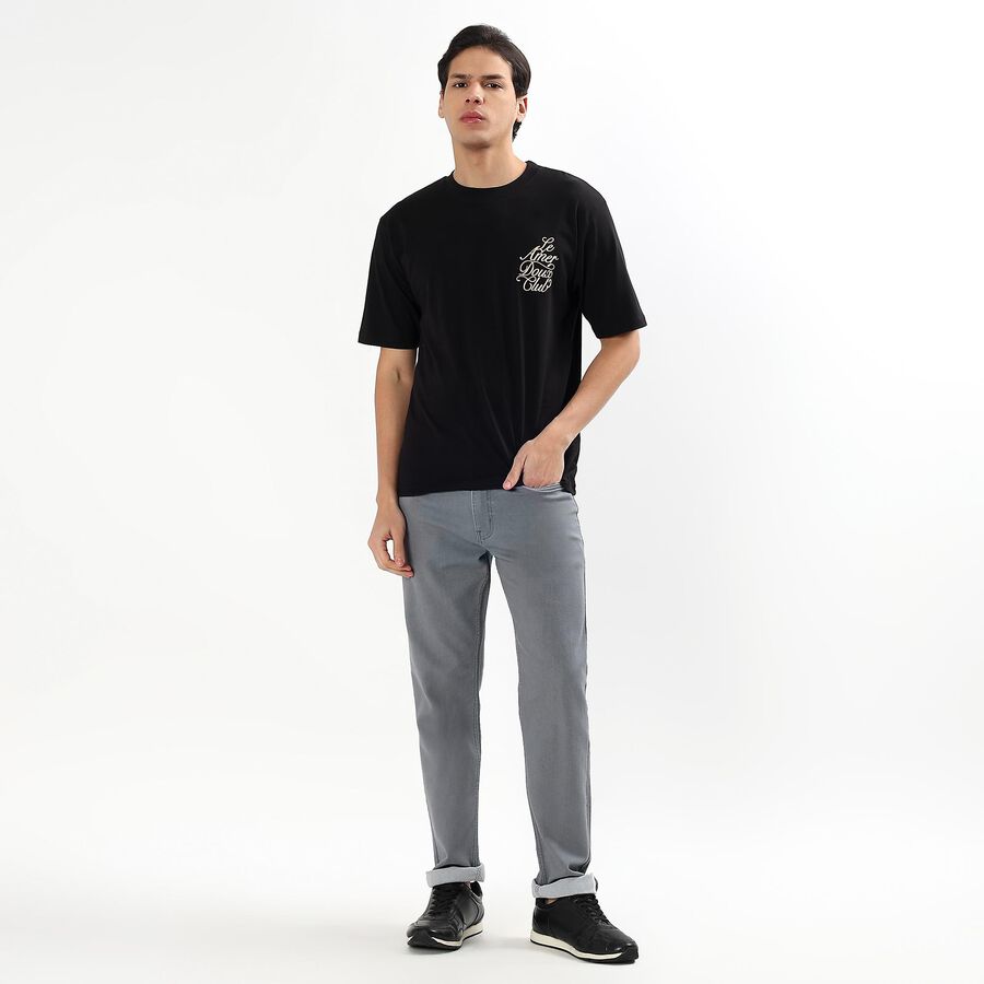 Men's Jet Black Cotton Round Neck Casual T-Shirt, काला, large
