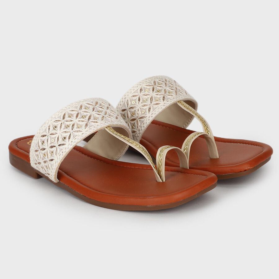 Women's Beige Toe-Ring Slip-On Flat Sandals, Beige, large