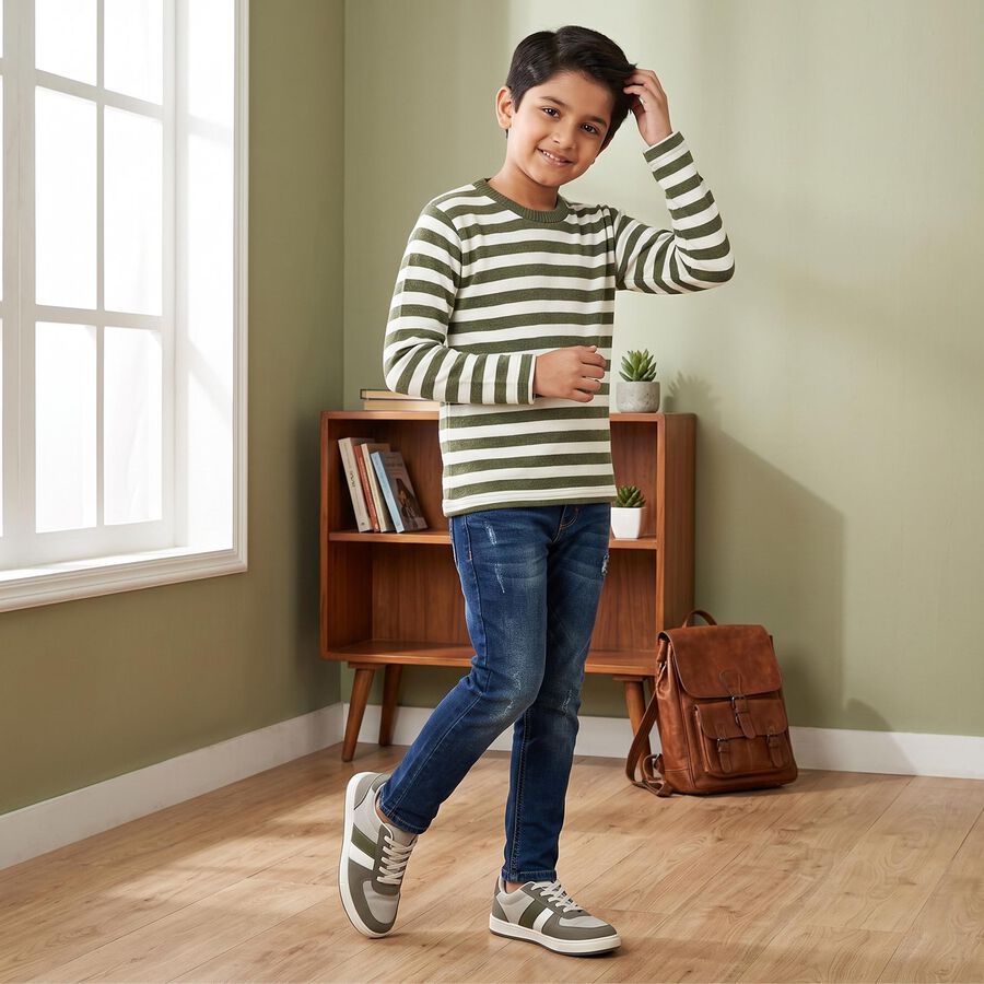 Boys' Olive Green Crew Neck Striped Pullover, ओलिव, large