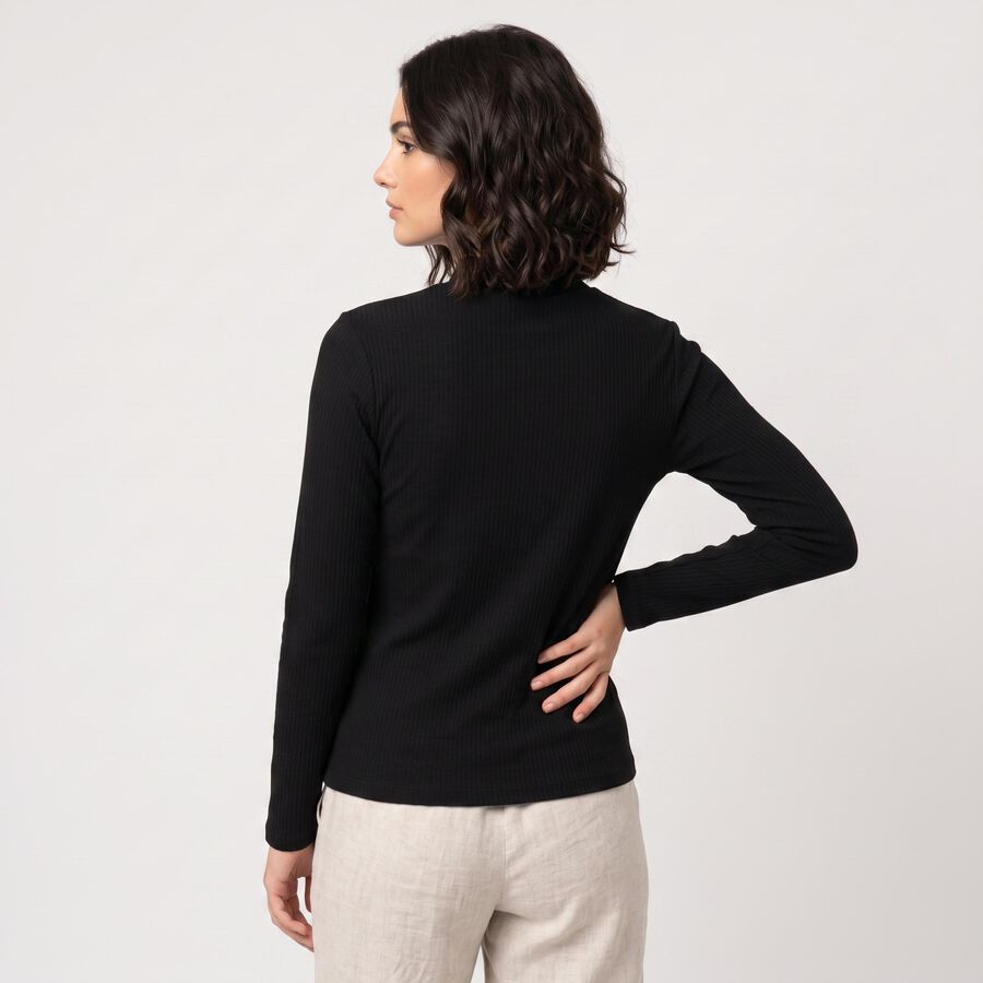 Women's Black Cotton Blend High Neck Regular Top, Black, large