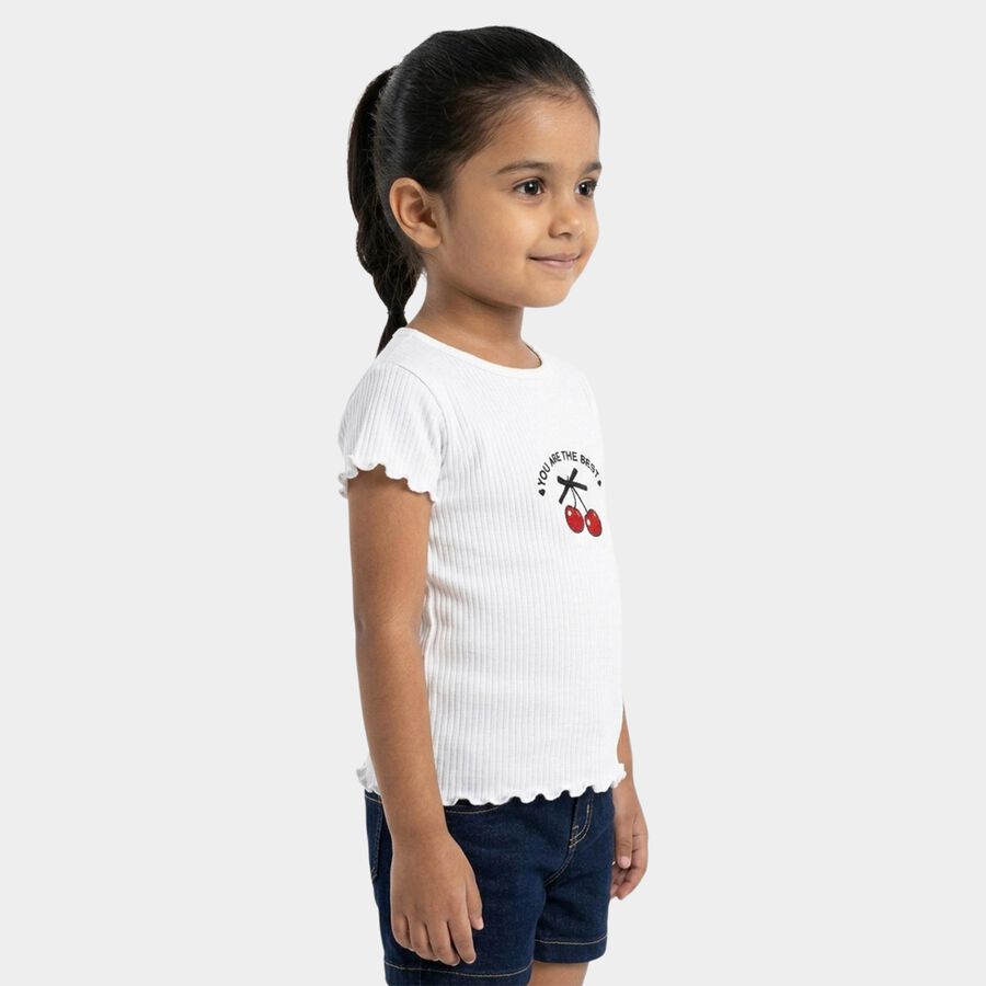 Girls' White Cotton Blend Round Neck Casual T-Shirt, White, large