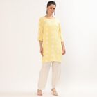 Women's Yellow Round Neck Printed Kurta, Yellow, small