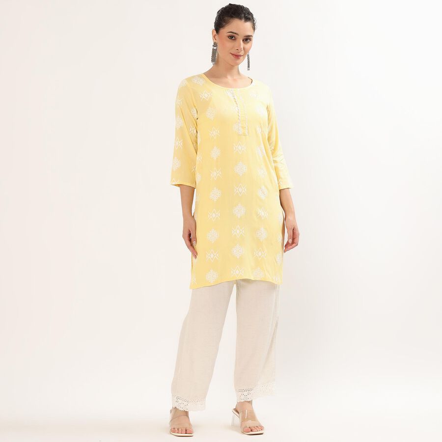 Women's Yellow Round Neck Printed Kurta, Yellow, large