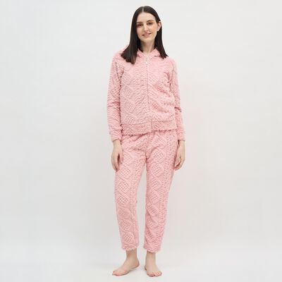 Women's Soft Pink Textured Fleece Hooded Pyjama