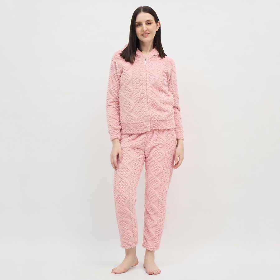 Women's Soft Pink Textured Fleece Hooded Pyjama, Light Pink, large image number null