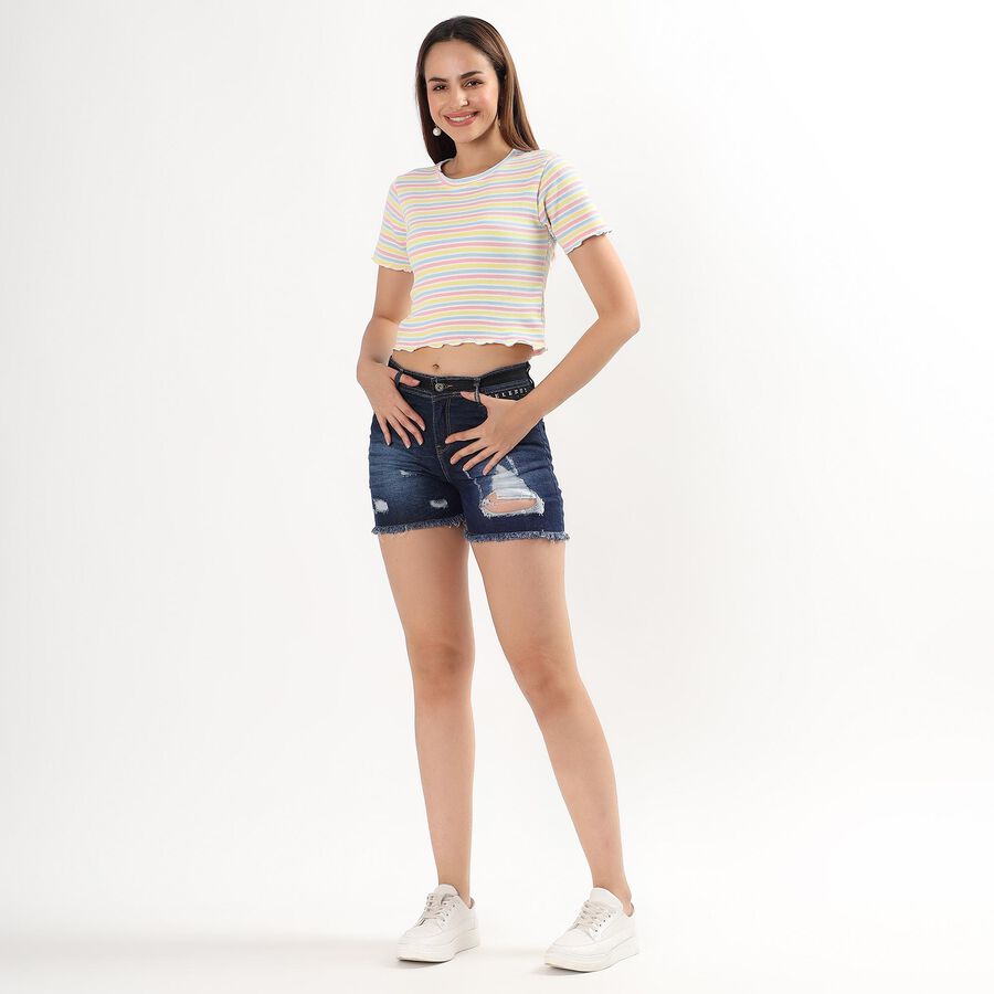 Women's Pastel Yellow Round Neck Casual Crop T-Shirt, Yellow, large image number null