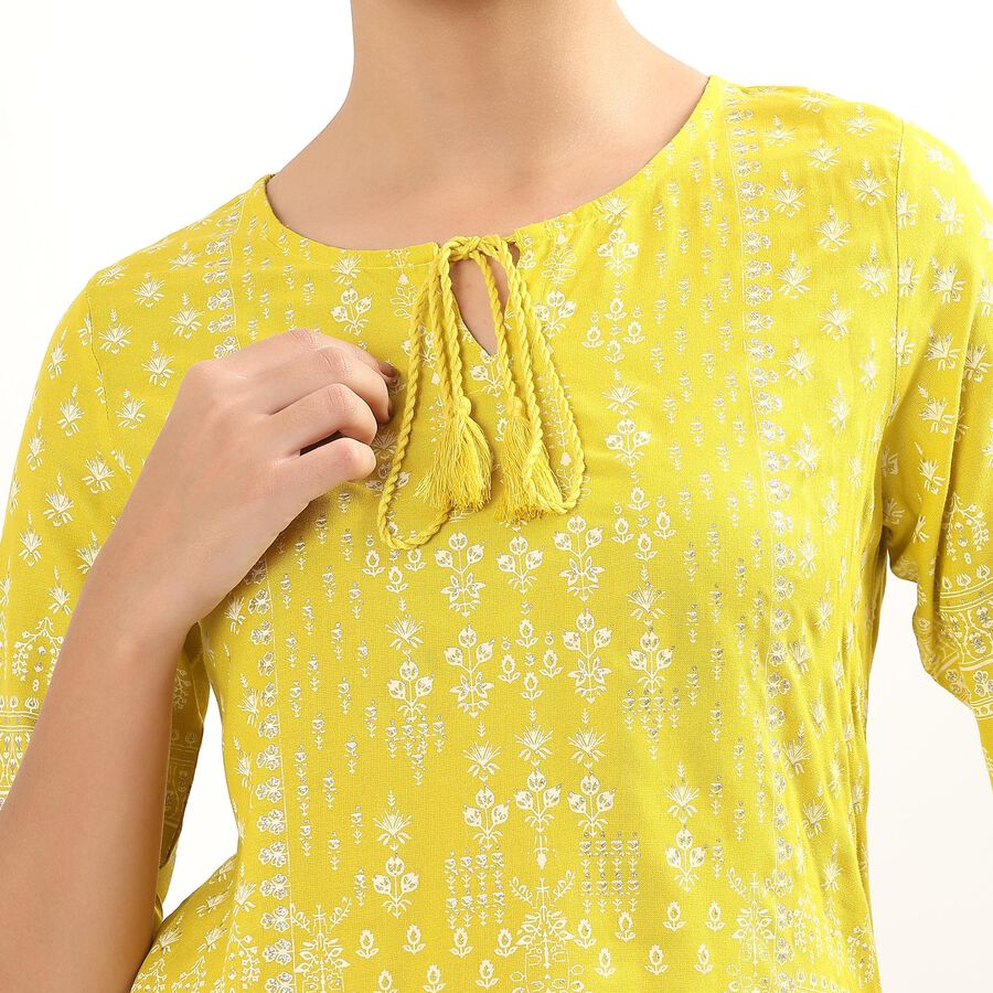 Women's Bright Yellow Round Neck Placement Printed Kurti, Yellow, large image number null
