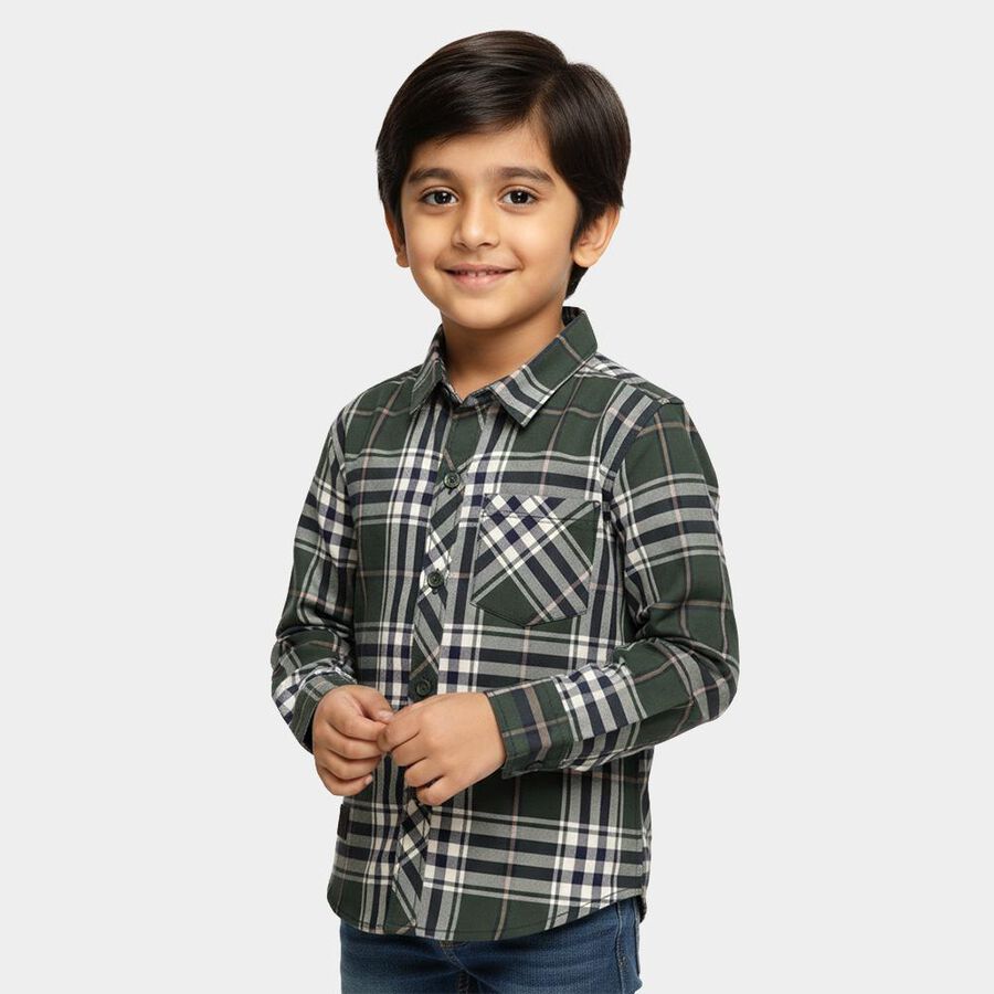 Boys' Dark Forest Green Cotton Full Sleeve Classic Collar Casual Shirt, Dark Green, large image number null