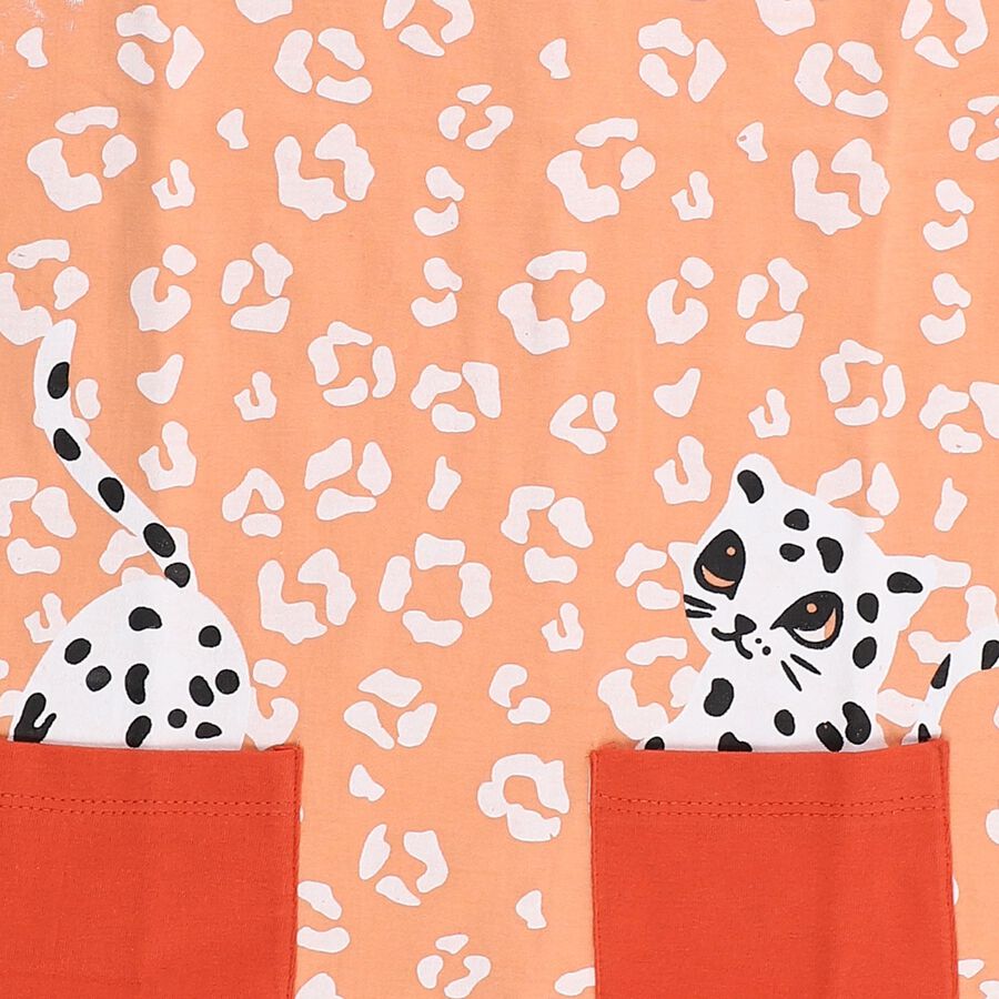 Girls' Peach Animal Print A-Line Frock with Patch Pockets, Light Pink, large