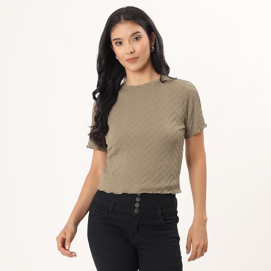 Women's Olive Round Neck Casual Top, Olive, large