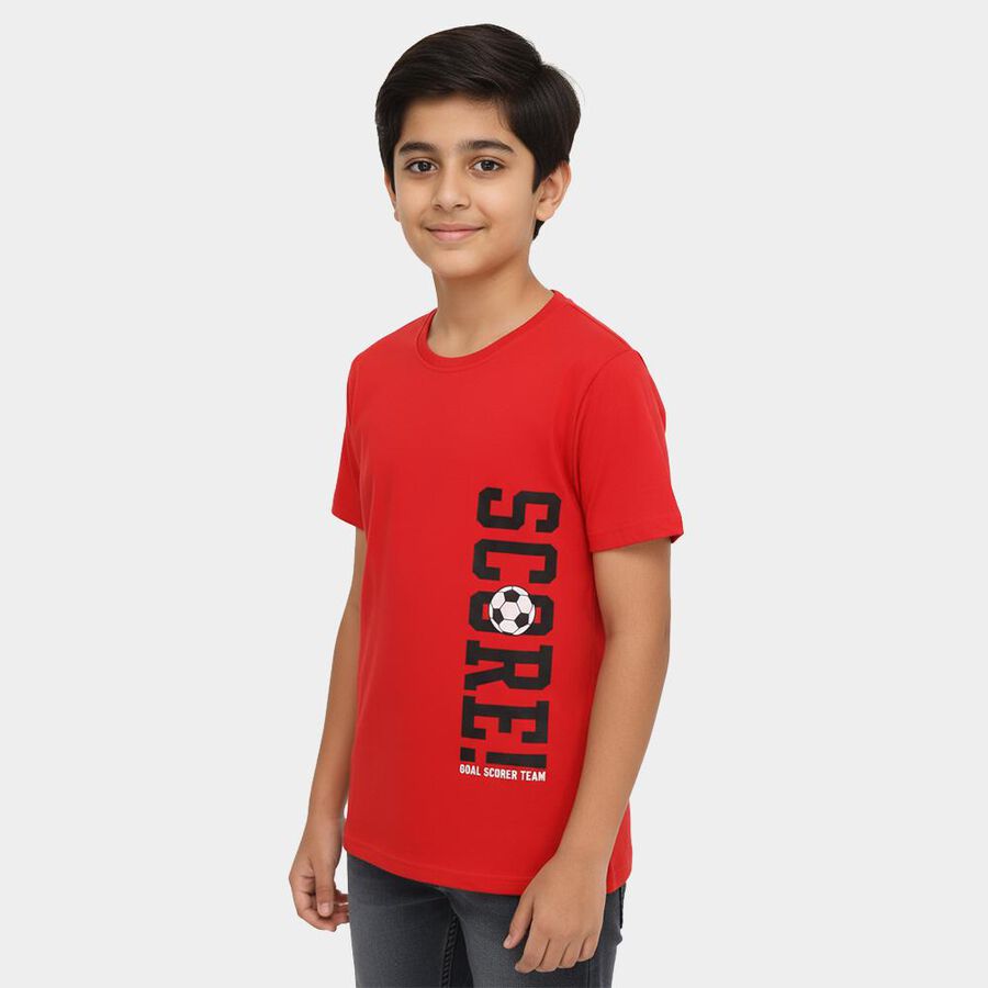 Boys Bright Cherry Red Round Neck Casual T-Shirt, Red, large image number null