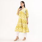 Women's Bright Mustard Yellow Cotton V-Neck Embroidered Kurta, हल्का हरा, small image number null