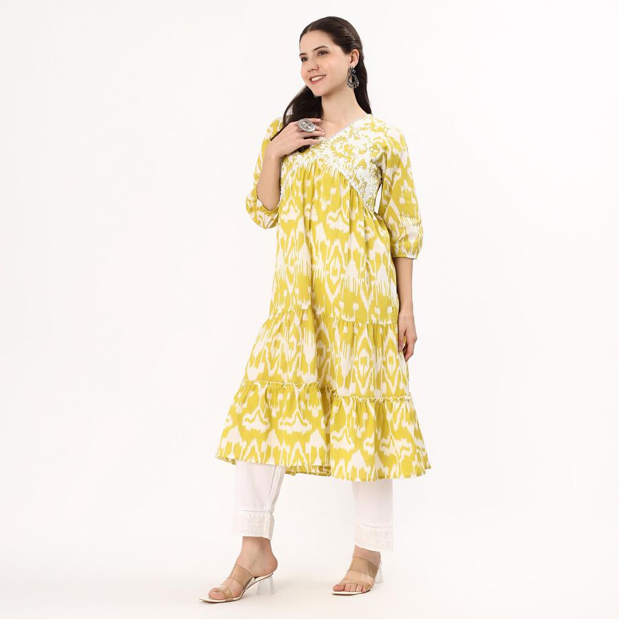Women's Bright Mustard Yellow Cotton V-Neck Embroidered Kurta, हल्का हरा, large image number null
