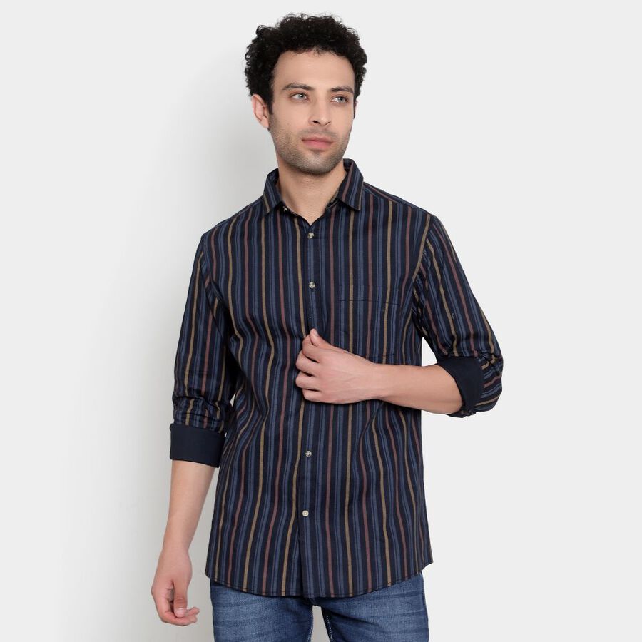 Cotton Stripes Casual Shirt, Dark Blue, large image number null