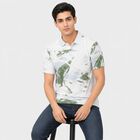 Men's White Cotton Polo Neck Abstract Printed T-Shirt, सफ़ेद, small