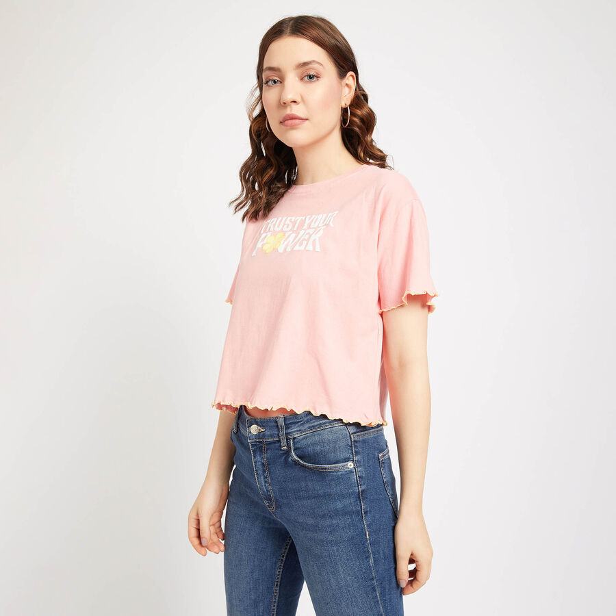 Cotton Round Neck T-Shirt, Peach, large image number null