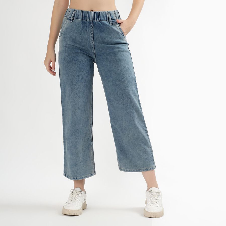 Women's Light Blue Wide Leg High Waist Jeans, Dark Blue, large