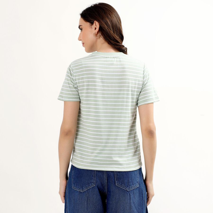 Women's Light Sage Green Round Neck Striped T-Shirt, Light Green, large image number null
