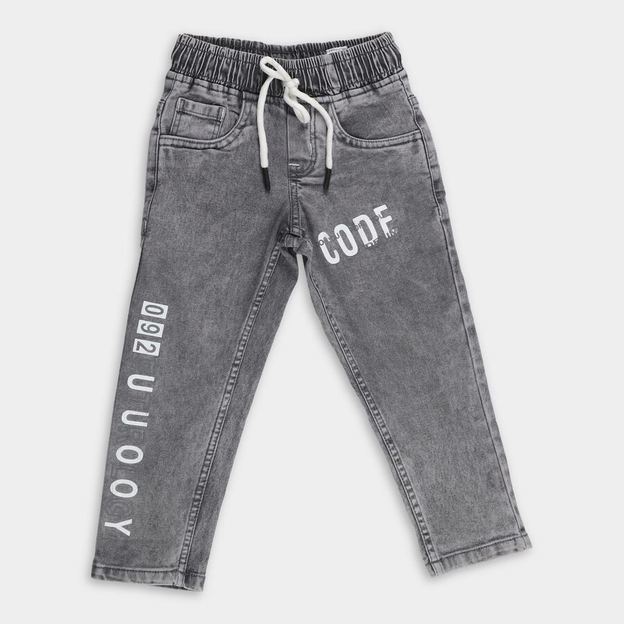 Boys' Washed Grey Regular Fit Printed Jeans, हल्का ग्रे, large