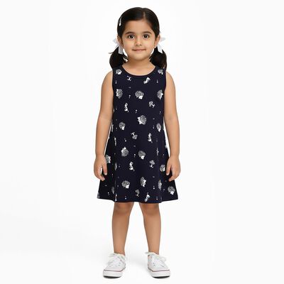 Girls' Navy Blue Printed Sleeveless A-Line Frock
