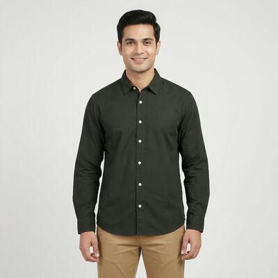 Men Olive Green Cotton Casual Shirt