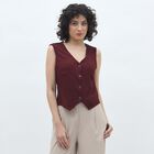 Women's Rich Burgundy V-Neck Casual Sleeveless Top, भूरा, small