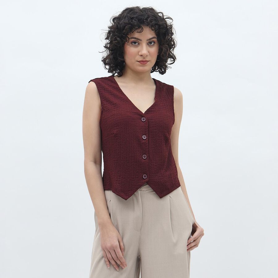 Women's Rich Burgundy V-Neck Casual Sleeveless Top, भूरा, large