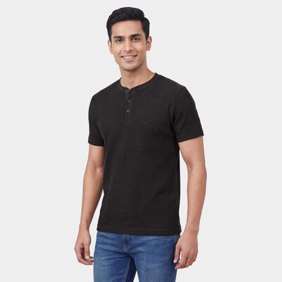 Men's Dark Grey Henley Neck Casual Henley Half Sleeves T-Shirt
