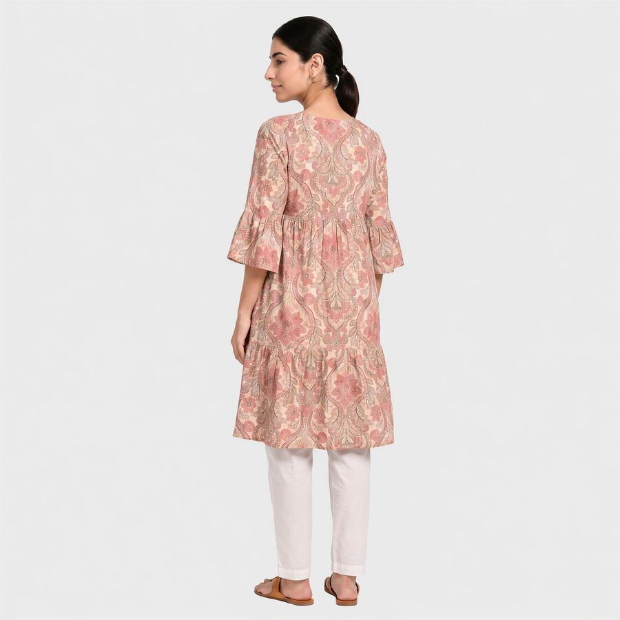 Women's Pink V-Neck Printed Kurti, हल्का गुलाबी, large