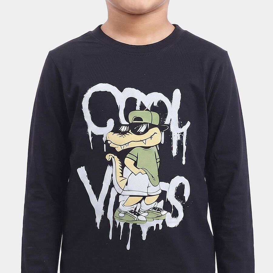 Boys Navy Blue Cotton Blend Crew Neck Regular Boys T-Shirt, Navy Blue, large