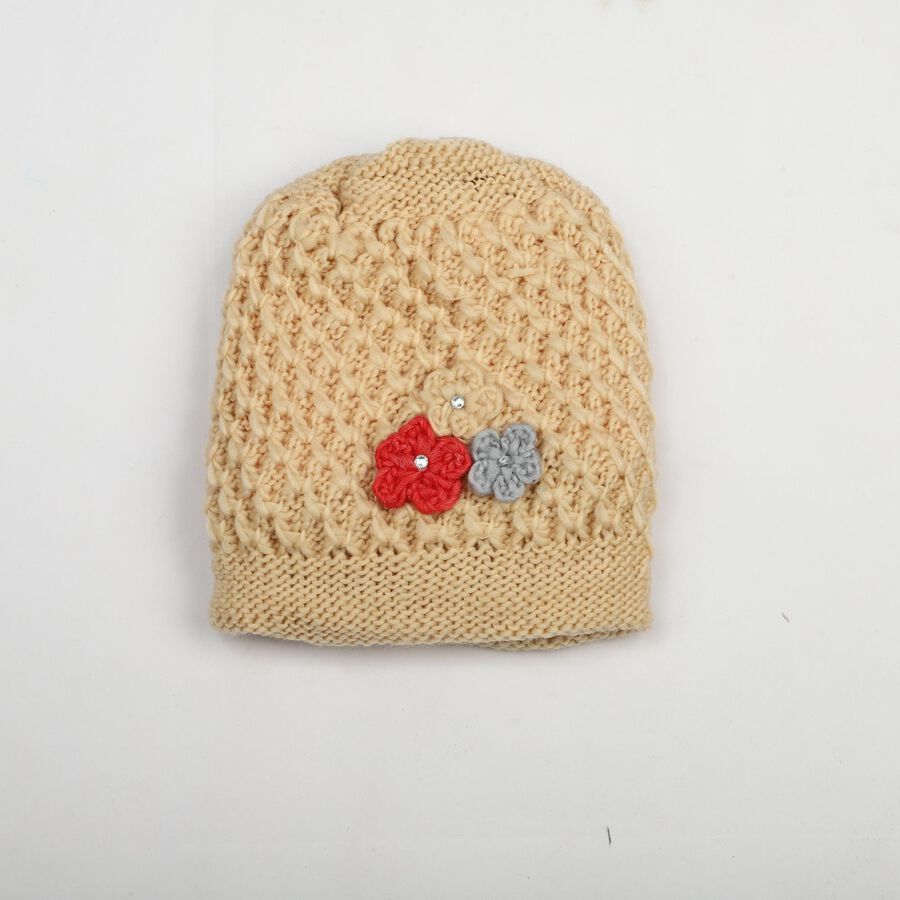 Women's Beige Floral Embellished Beanie Cap, गहरा पीला, large