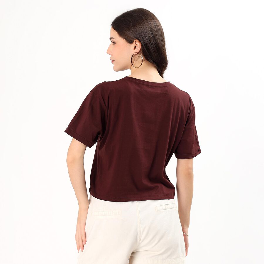 Women's Deep Maroon Cotton Round Neck Casual T-Shirt, भूरा, large