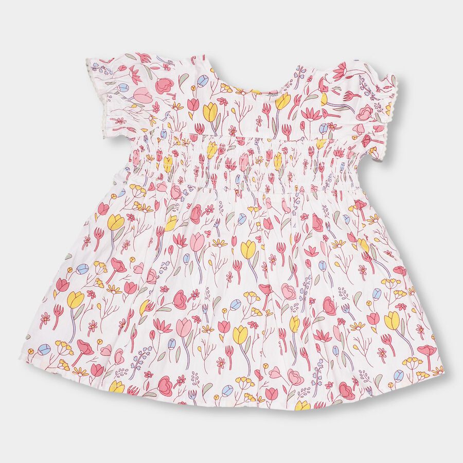 Girls' White Floral Printed Smocked Frock, Pink, large image number null