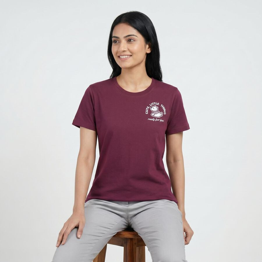 Women's Purple Round Neck Casual T-Shirt, Purple, large