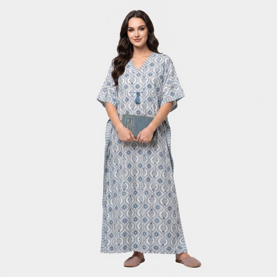 Women's Blue V-Neck Kaftan Nighty, मध्यम नीला, large