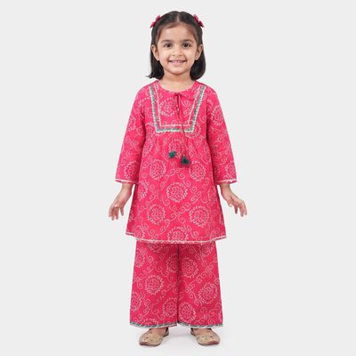 Girls Fuchsia Round Neck Fusion Set Fusion Set Upper and Bottom Set