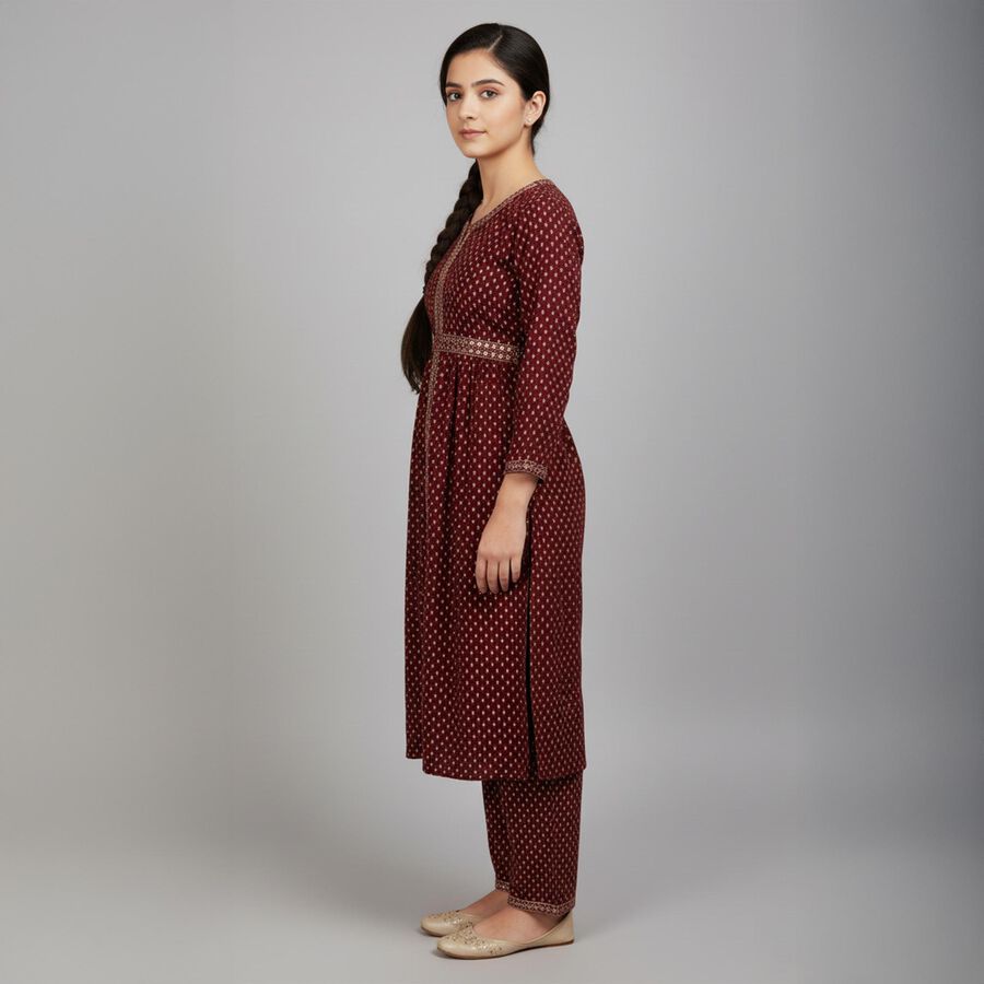 Girls' Deep Maroon Printed Fusion Set, मरून, large image number null