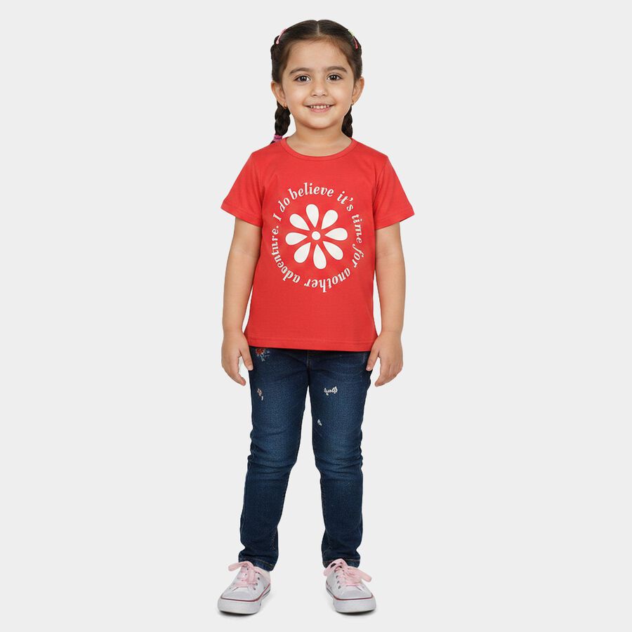 Girls' Coral Cotton Blend Round Neck Regular T-Shirt, मूँगा (कोरल), large