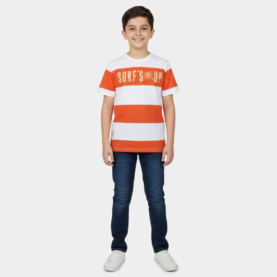 Boys Orange Cotton Round Neck Casual T-Shirt, Orange, large
