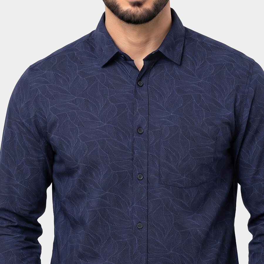 Men's Navy Blue Cotton Long Sleeve Spread Collar Shirt, नेवी ब्लू, large