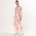 Women's Light Pink Cotton Round Neck Mirror Work Floral Printed Kurti, हल्का गुलाबी, small image number null